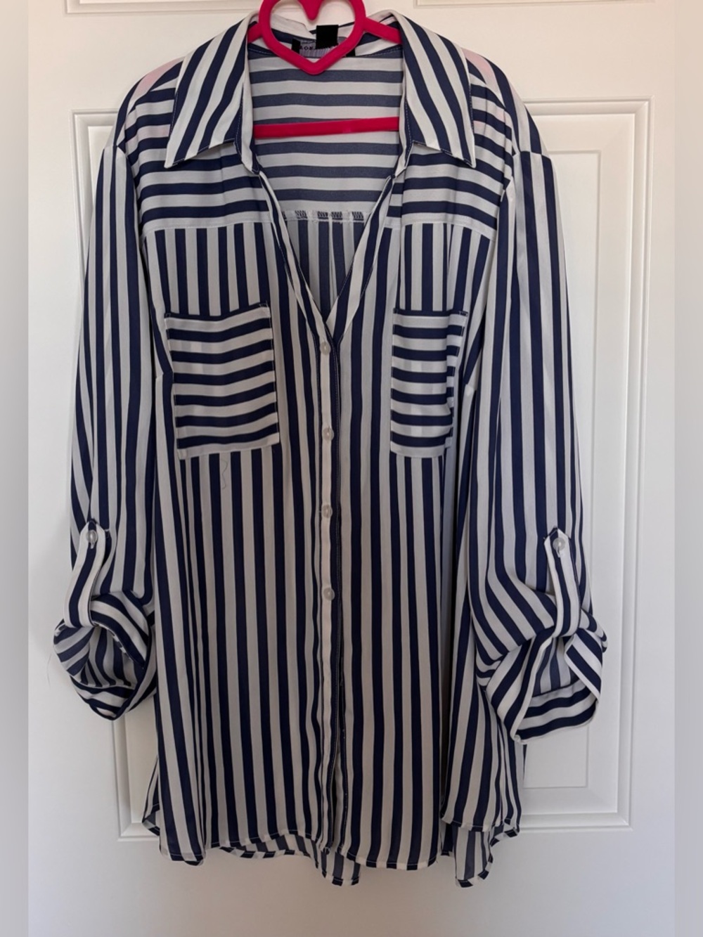 Striped Button-Front Blouse in Navy and White